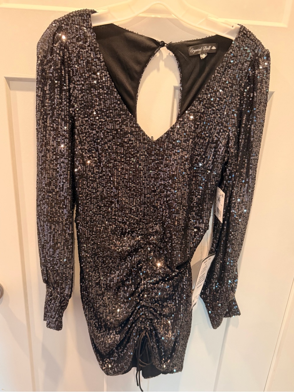 NWT Crystal Doll Black Sequin Ruched Mini Dress Long Sleeve Keyhole Back Party M